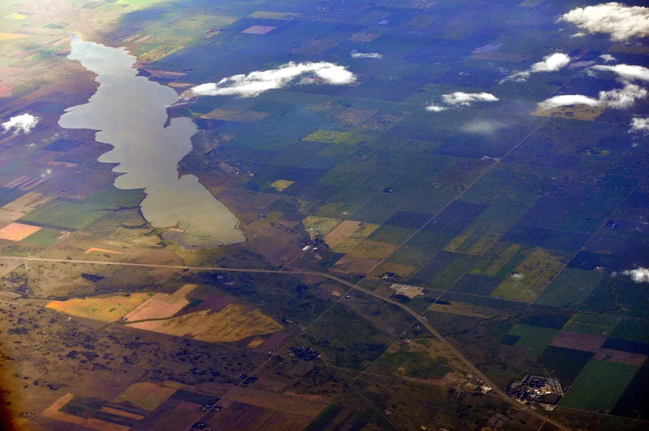 Aerial view of Pelican Lake and surrounding farmland, 2013